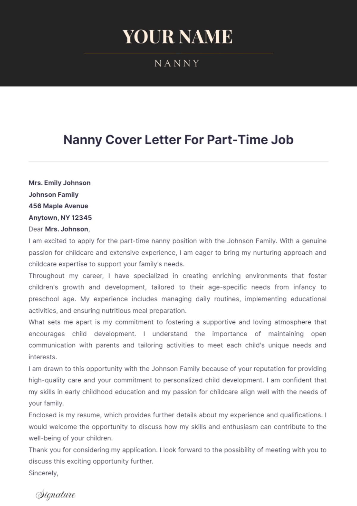 Nanny Cover Letter For Part Time Job