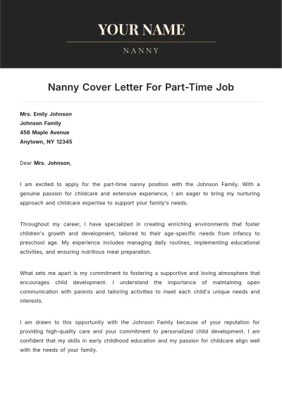 Free Nanny Cover Letter For Part Time Job to Edit Online