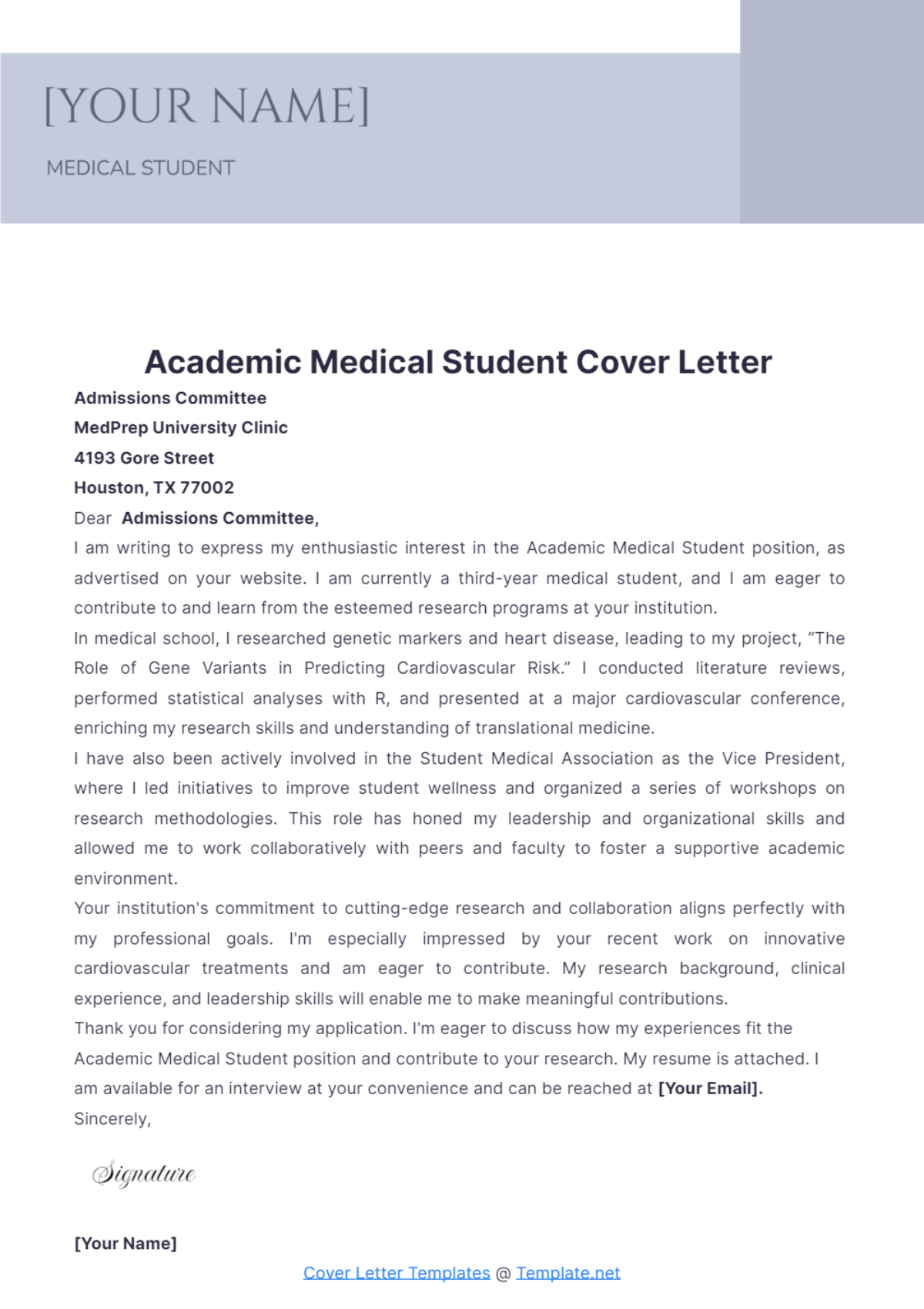 Academic Medical Student Cover Letter