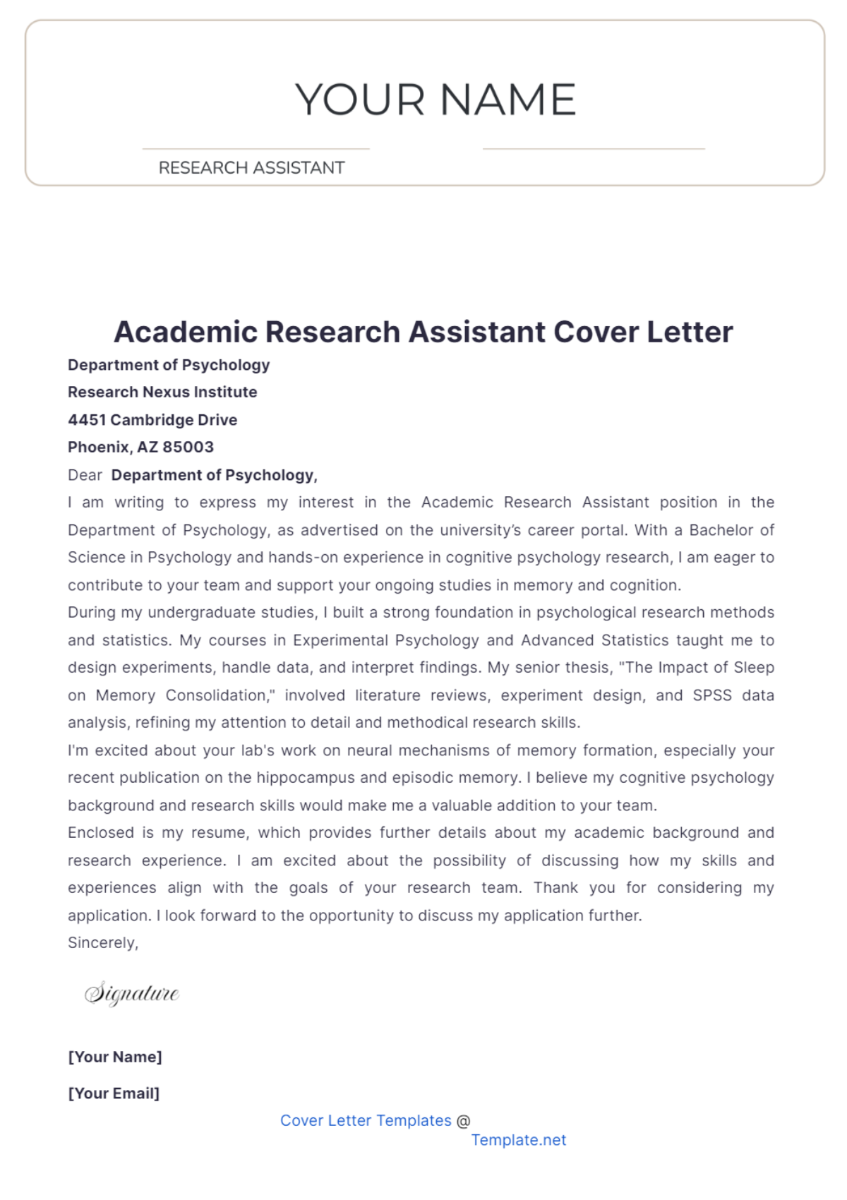 Academic Research Assistant Cover Letter