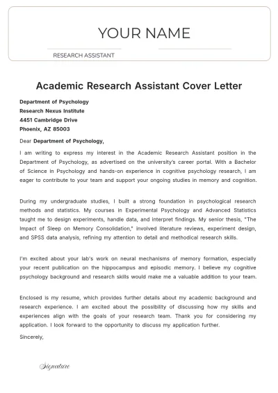 Free Academic Research Assistant Cover Letter to Edit Online