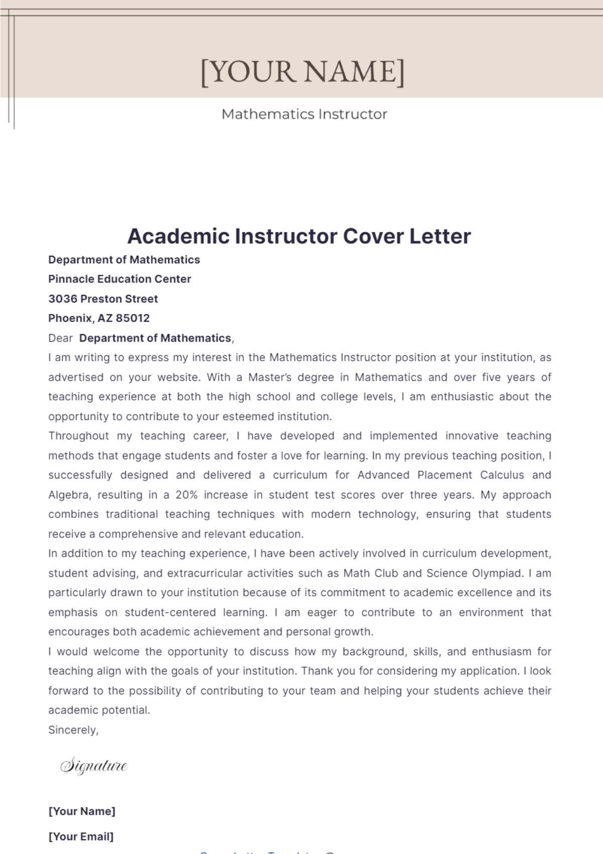 Academic Instructor Cover Letter - Edit Online & Download