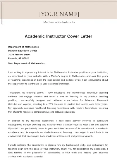 Free Academic Instructor Cover Letter to Edit Online