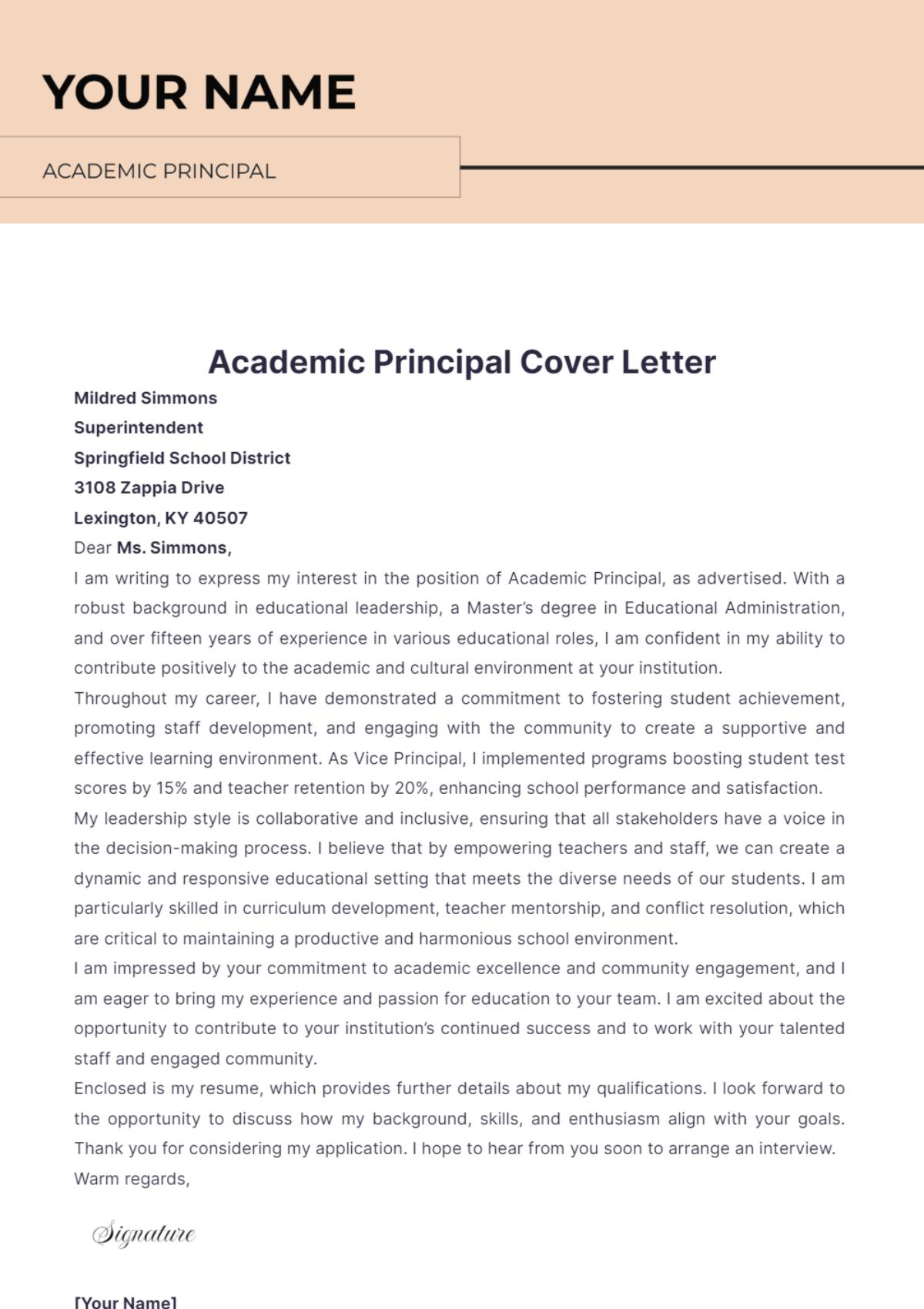 Academic Principal Cover Letter - Edit Online & Download