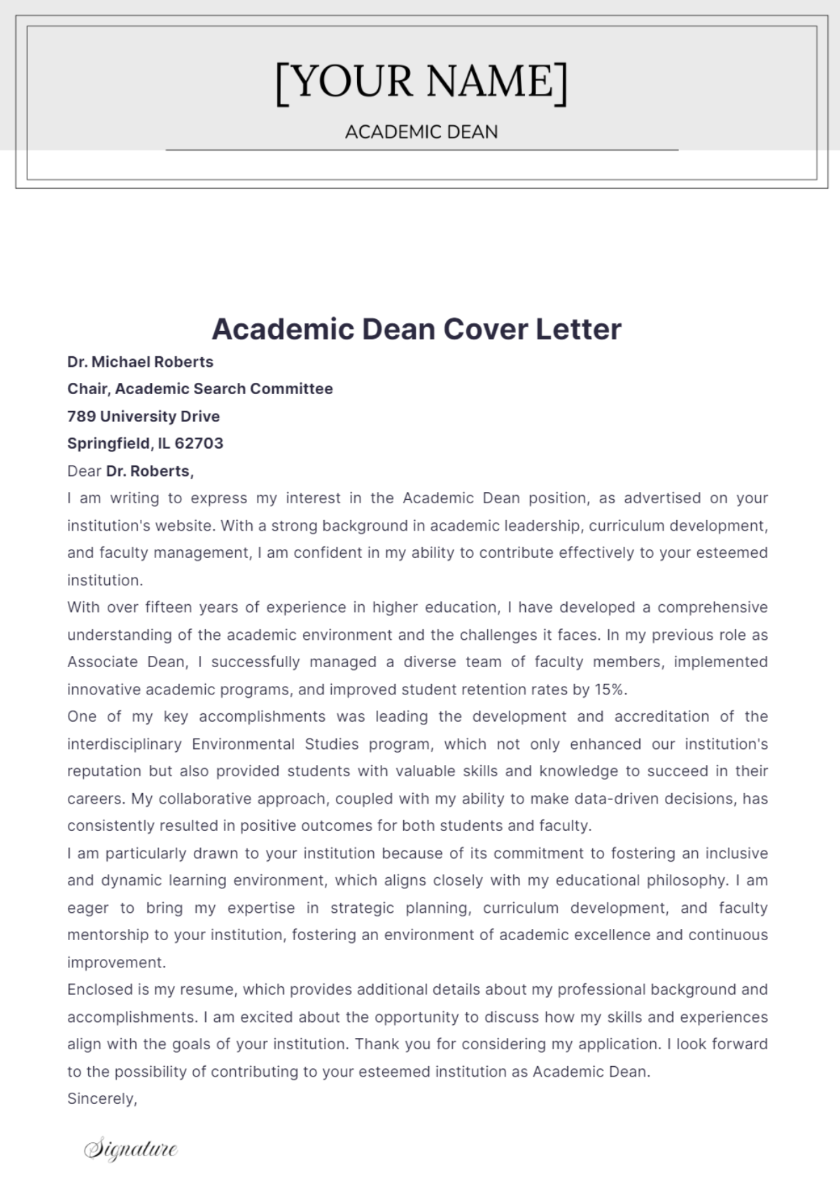 Academic Dean Cover Letter - Edit Online & Download