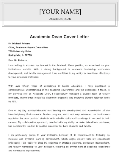 Free Academic Dean Cover Letter to Edit Online