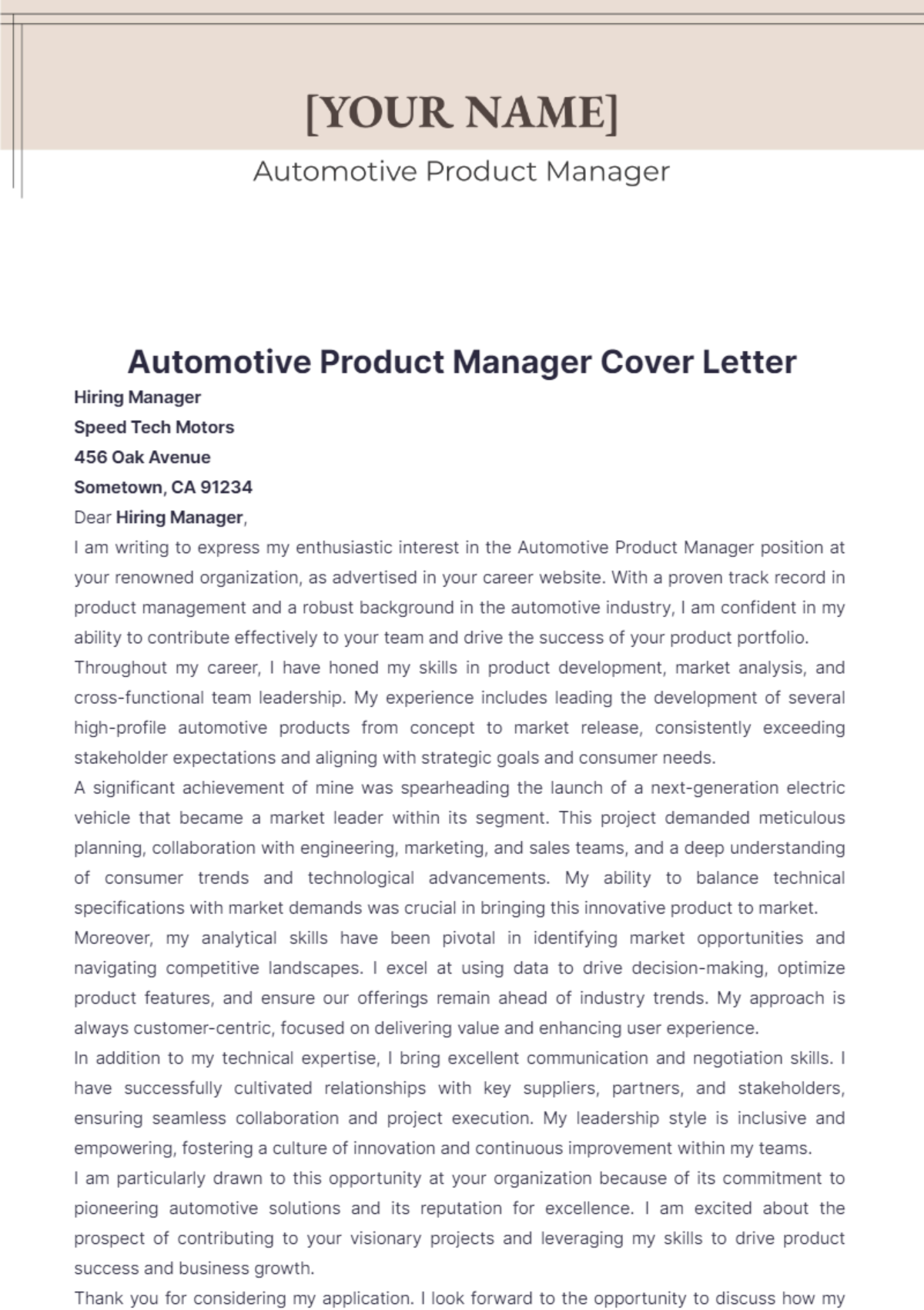 Automotive Product Manager Cover Letter