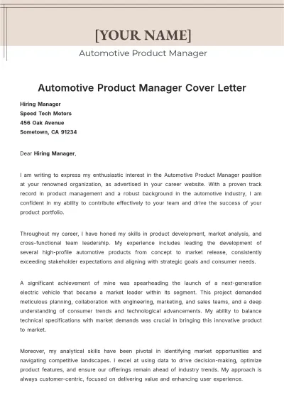 Free Automotive Product Manager Cover Letter to Edit Online