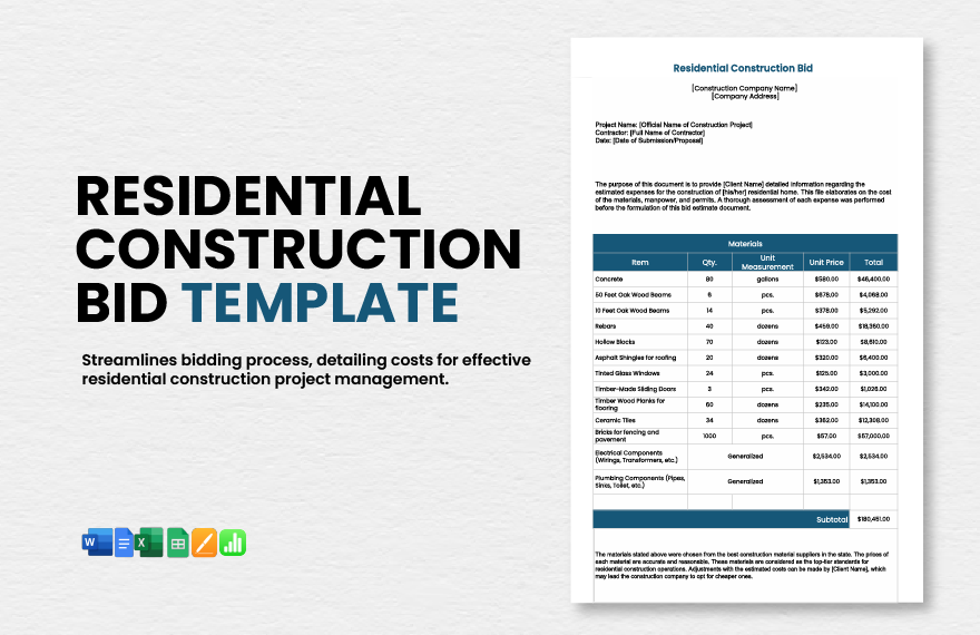 Residential Construction Bid Template in Word, Google Docs, Excel, Google Sheets, Apple Pages, Apple Numbers