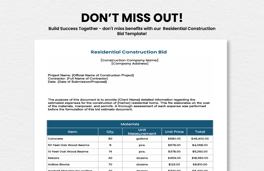 Residential Construction Bid Template