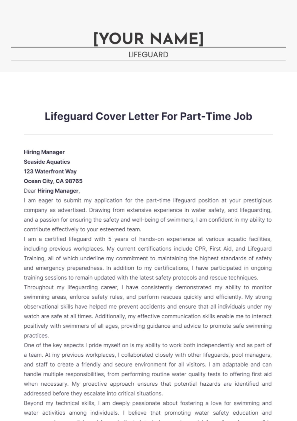 Lifeguard Cover Letter For Part Time Job