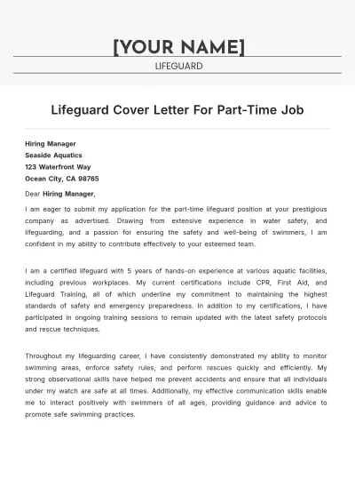 Free Lifeguard Cover Letter For Part Time Job to Edit Online