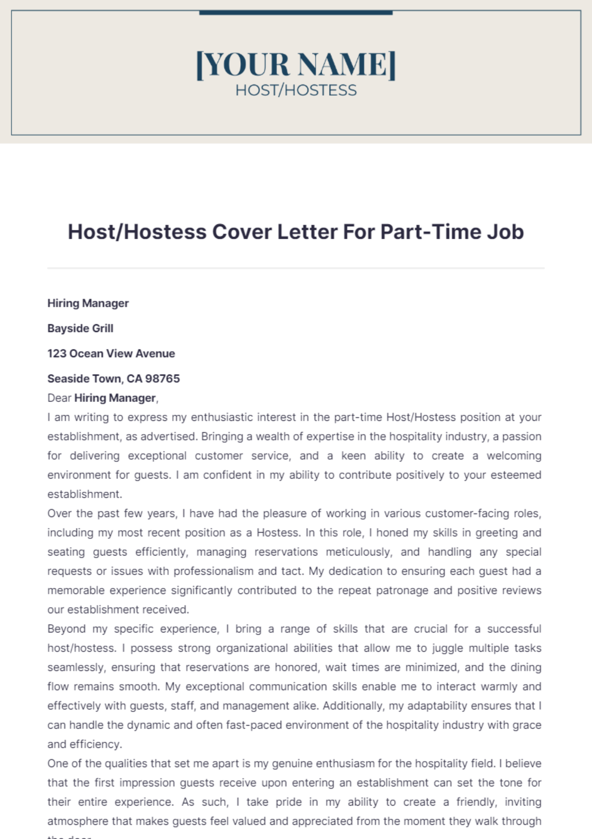 Host/Hostess Cover Letter For Part Time Job