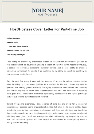 Free Host/Hostess Cover Letter For Part Time Job to Edit Online