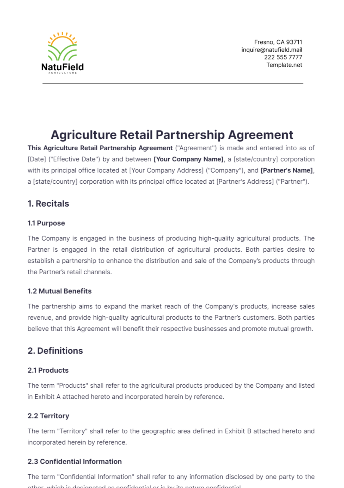 Agriculture Retail Partnership Agreement Template - Edit Online & Download