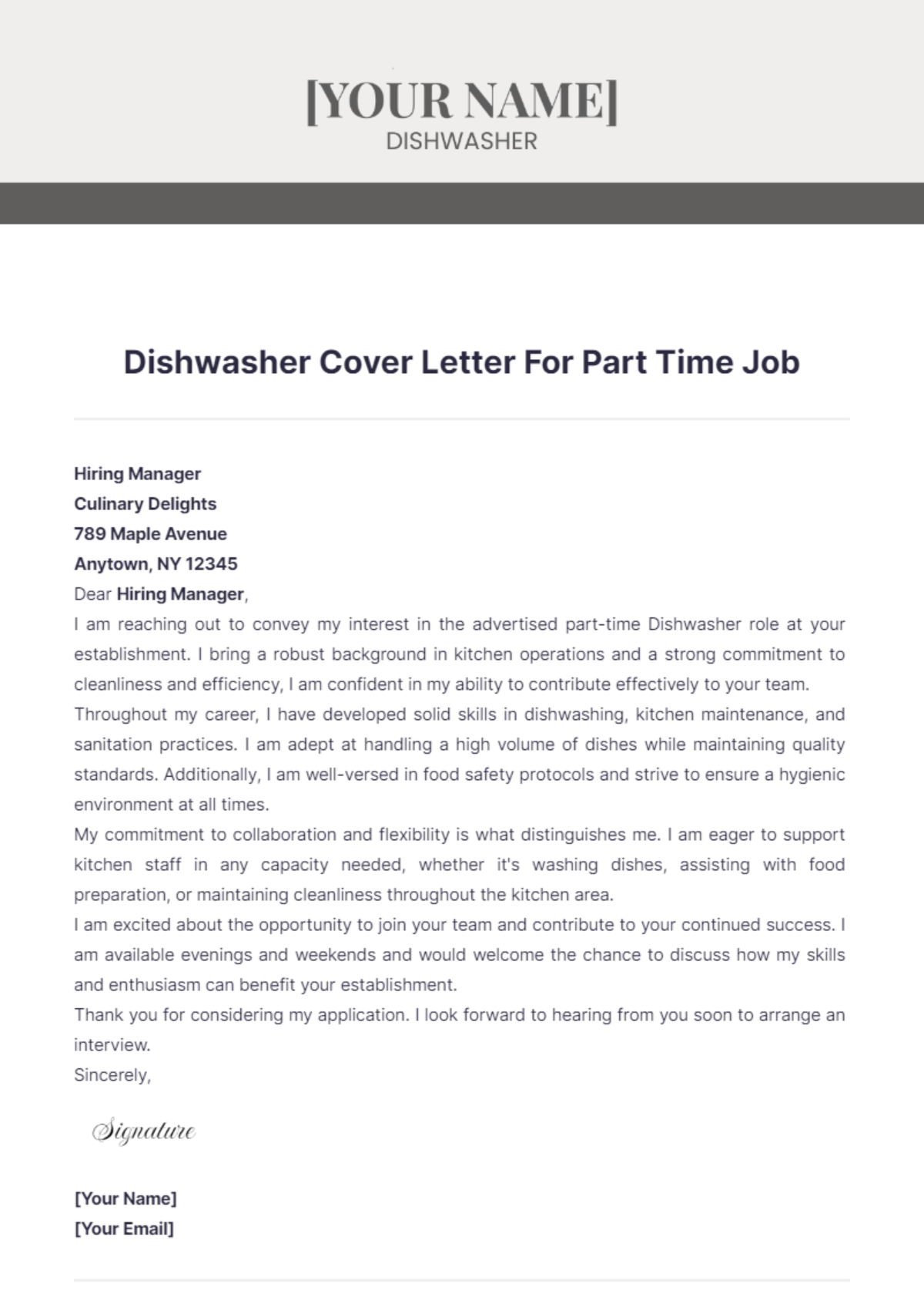 Dishwasher Cover Letter For Part Time Job