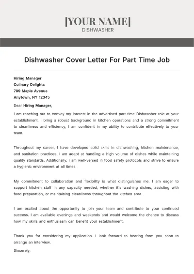 Free Dishwasher Cover Letter For Part Time Job to Edit Online