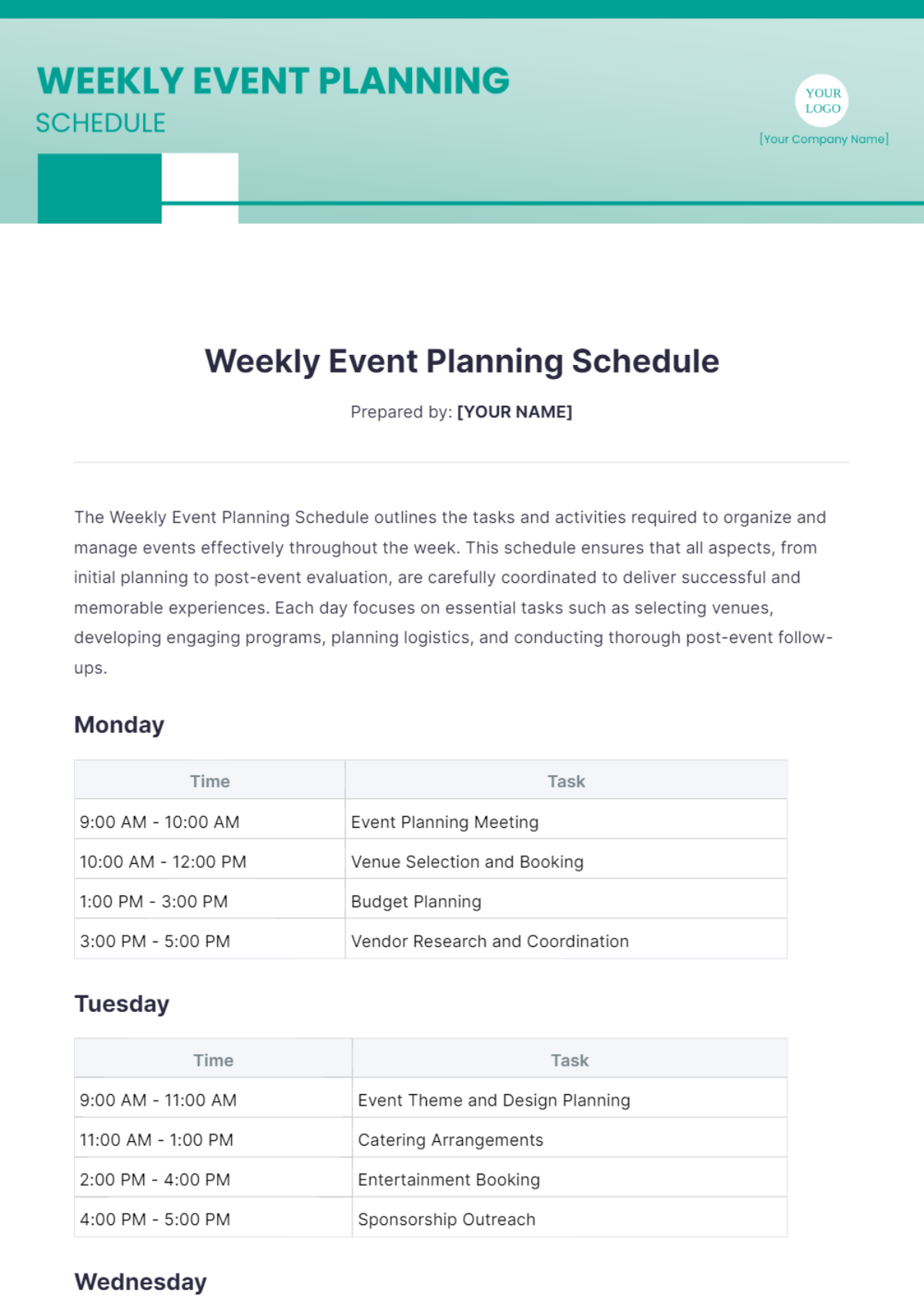 Weekly Event Planning Schedule Template - Edit Online & Download