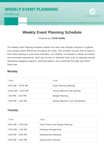 Free Weekly Event Planning Schedule Template to Edit Online
