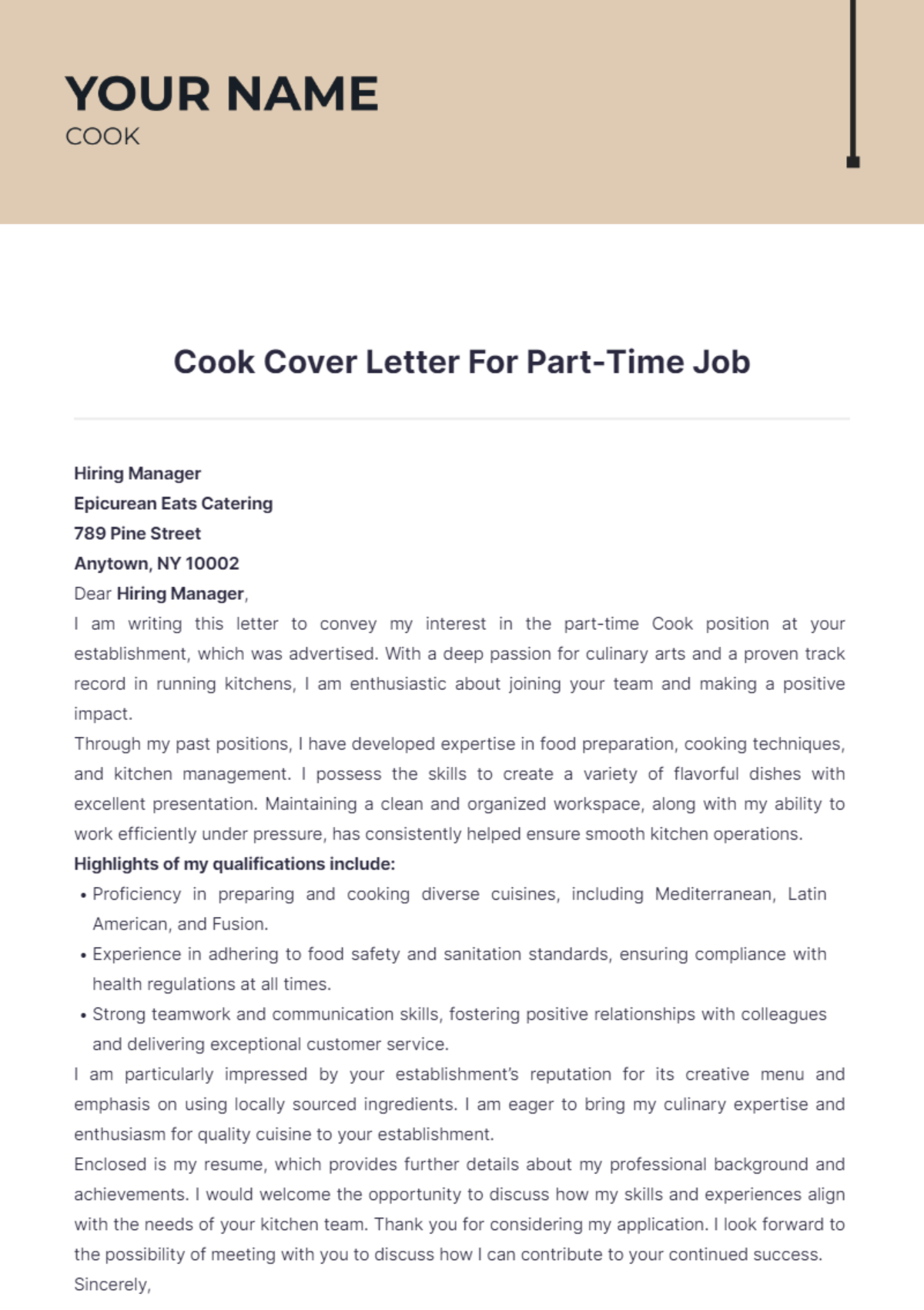 Cook Cover Letter For Part Time Job