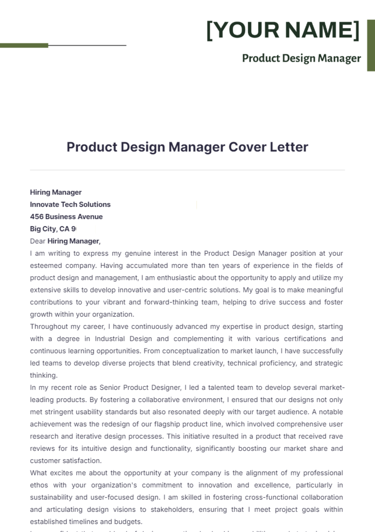 Product Design Manager Cover Letter