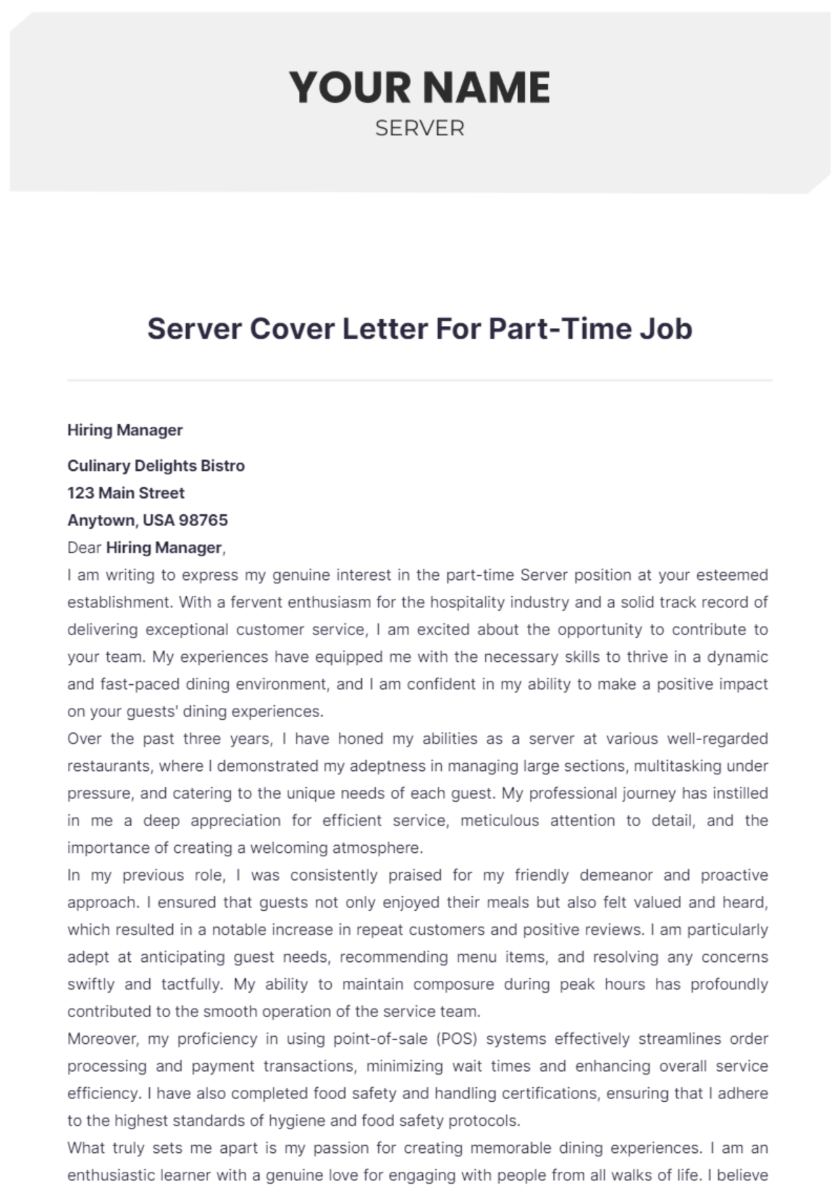 Server Cover Letter For Part Time Job