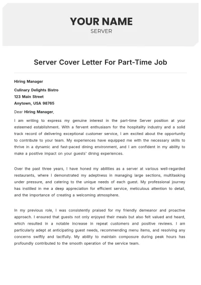 Free Server Cover Letter For Part Time Job to Edit Online