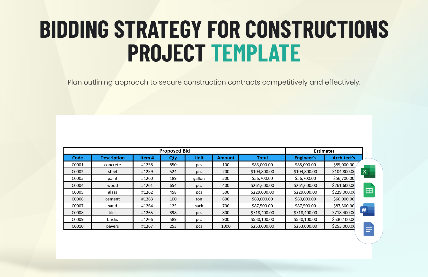 Bidding Strategy for Construction Projects Template in Word, Excel, Apple Pages, Apple Numbers