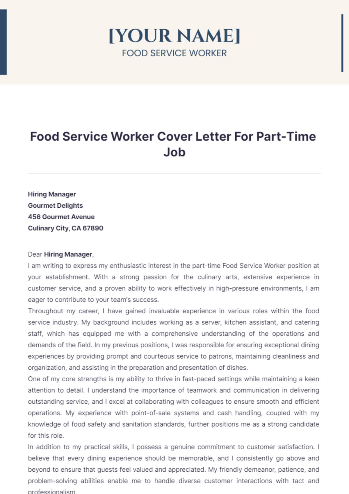 Food Service Worker Cover Letter For Part Time Job