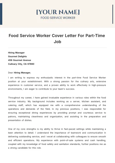 Free Food Service Worker Cover Letter For Part Time Job to Edit Online