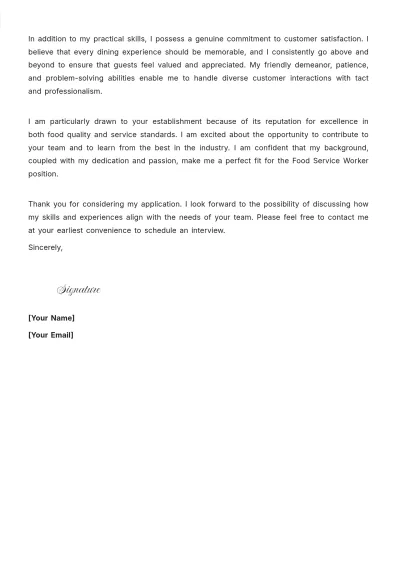 Free Food Service Worker Cover Letter For Part Time Job to Edit Online