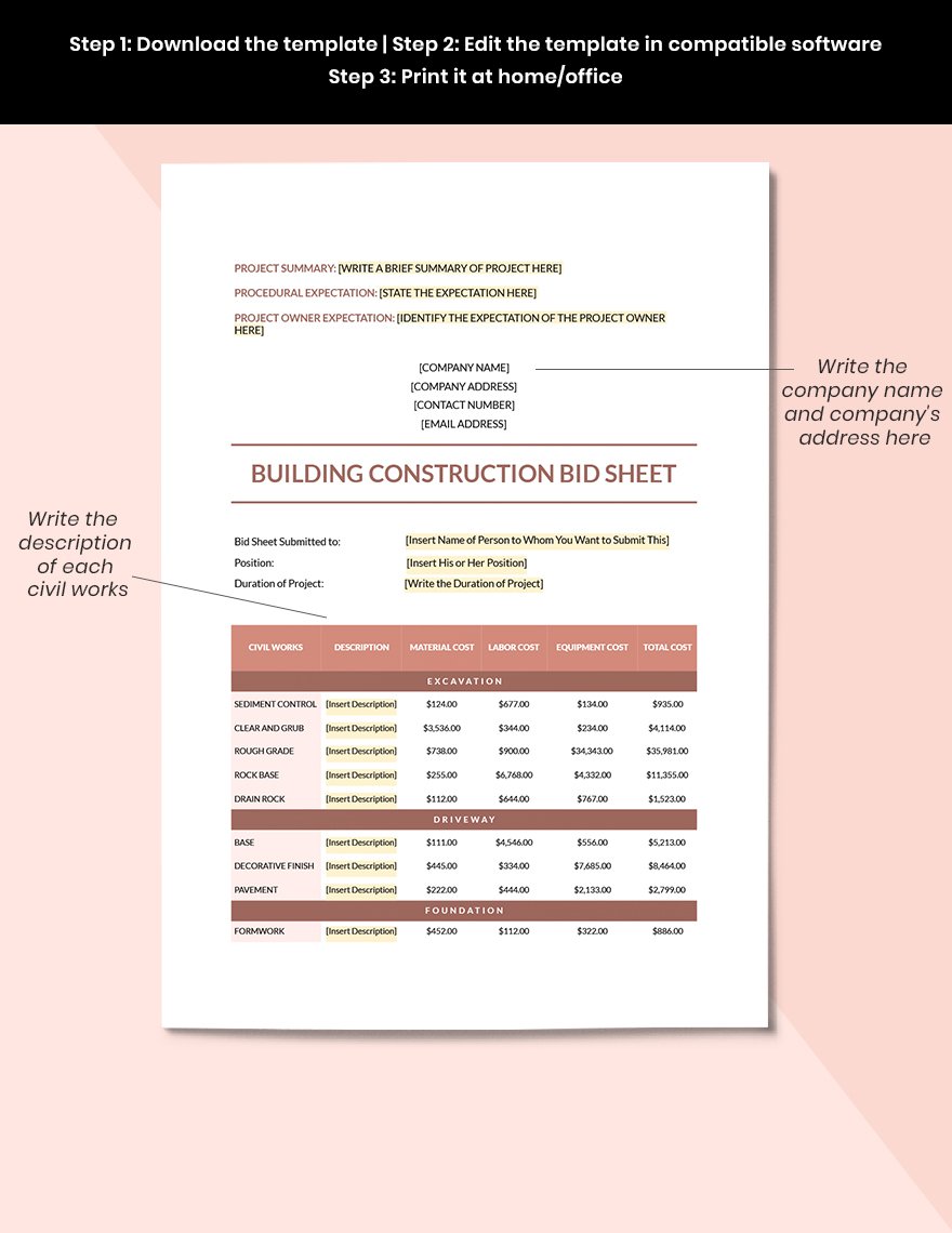 Contractor Bid Sheet Format