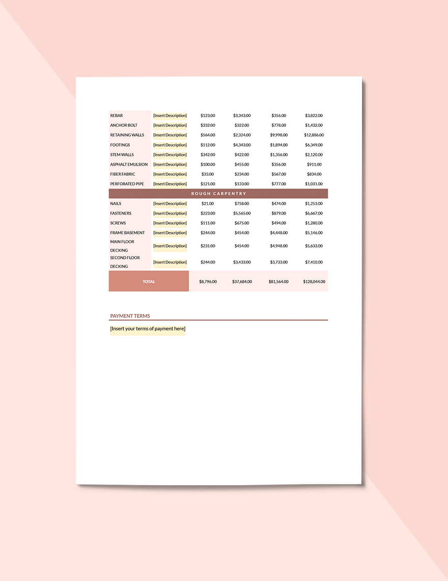 Contractor Bid Sheet Payment