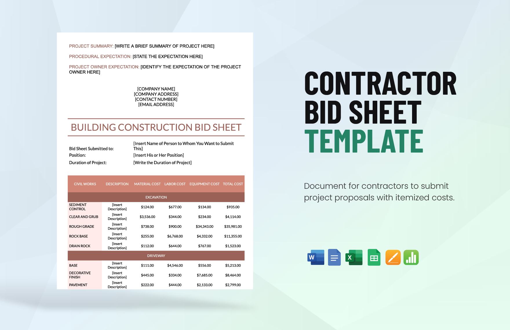 Contractor Bid Sheet Template in Word, Google Docs, Excel, Google Sheets, Apple Pages, Apple Numbers
