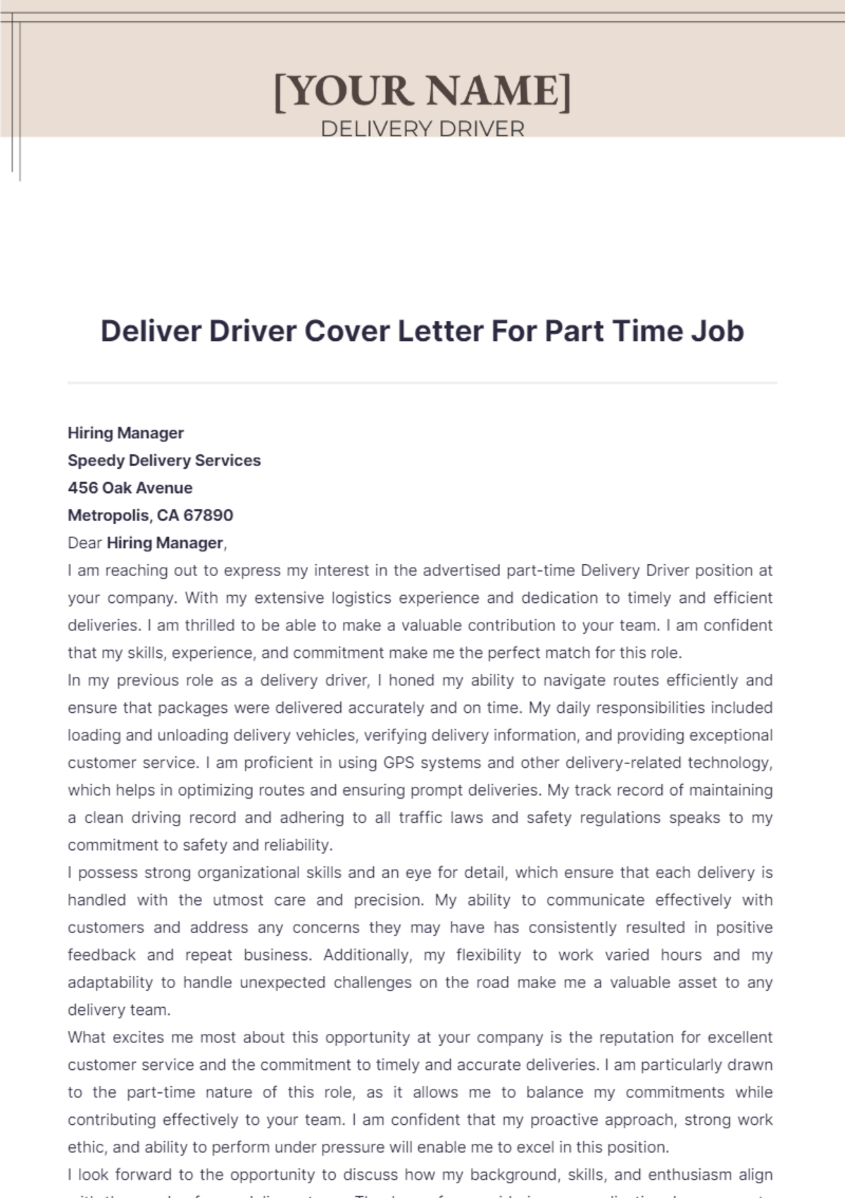 Delivery Driver Cover Letter For Part Time Job