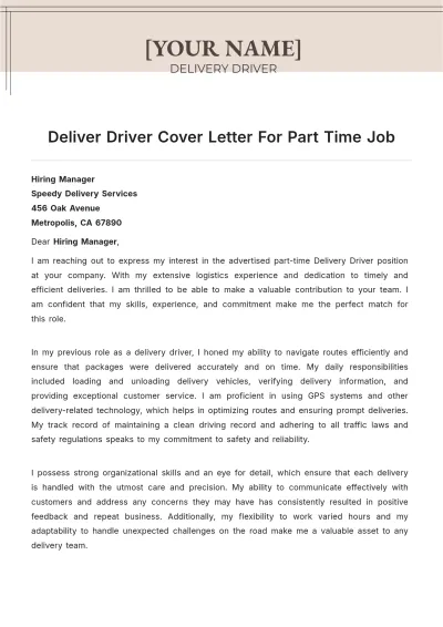 Free Delivery Driver Cover Letter For Part Time Job to Edit Online