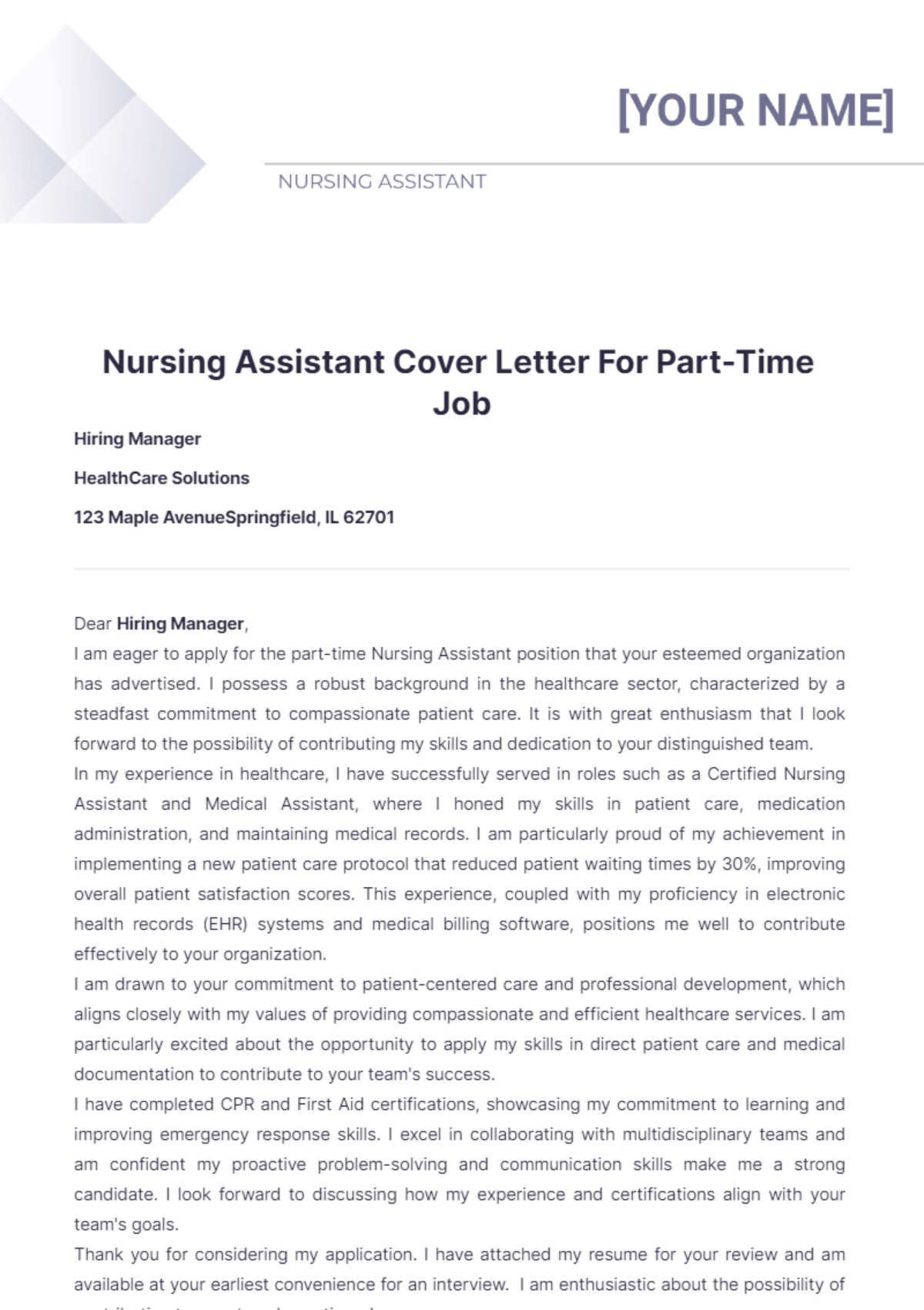 Nursing Assistant Cover Letter For Part Time Job