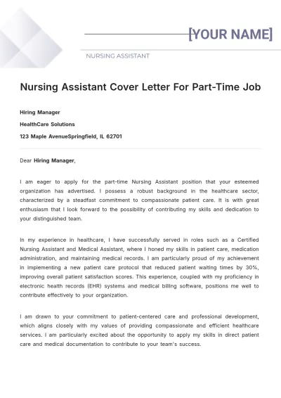 Free Nursing Assistant Cover Letter For Part Time Job to Edit Online