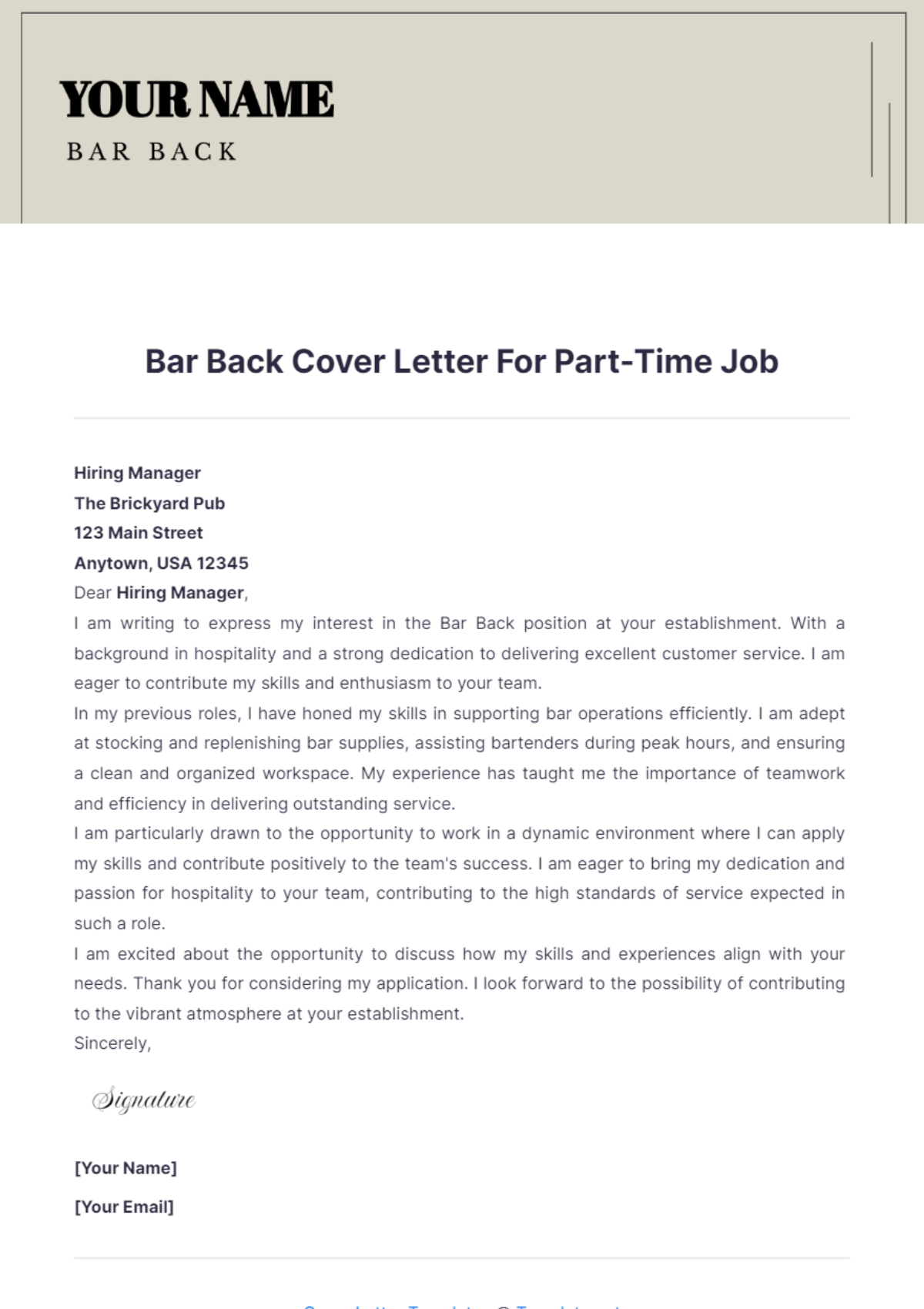 Bar Back Cover Letter For Part Time Job