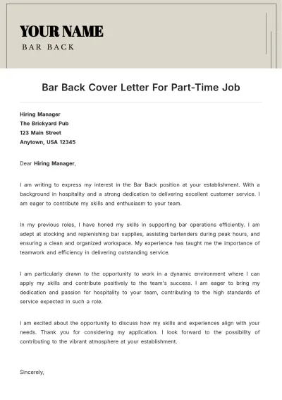 Free Bar Back Cover Letter For Part Time Job to Edit Online