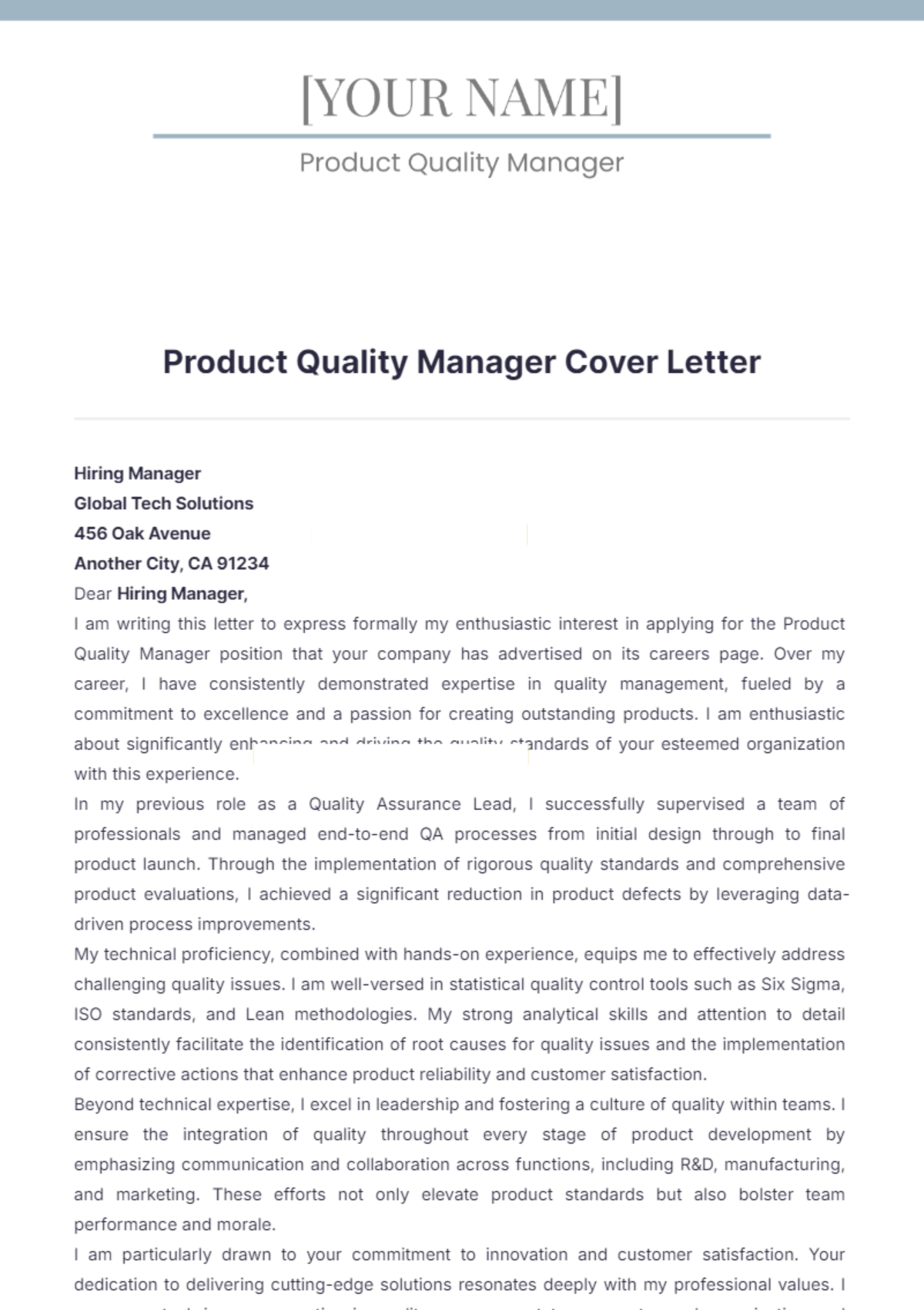 Product Quality Manager Cover Letter