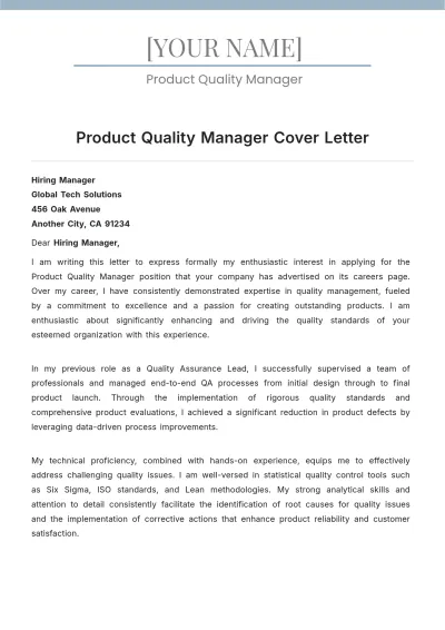 Free Product Quality Manager Cover Letter to Edit Online