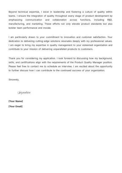 Free Product Quality Manager Cover Letter to Edit Online