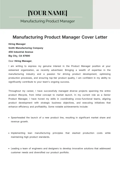 Free Manufacturing Product Manager Cover Letter to Edit Online