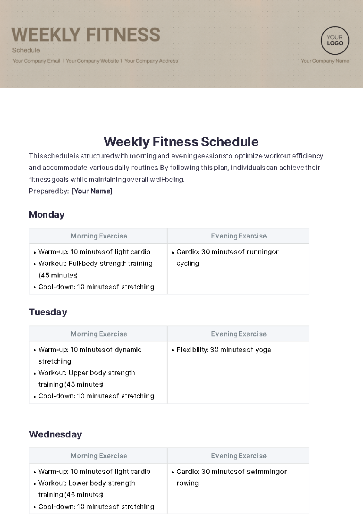 Weekly Fitness Schedule Template - Edit Online & Download