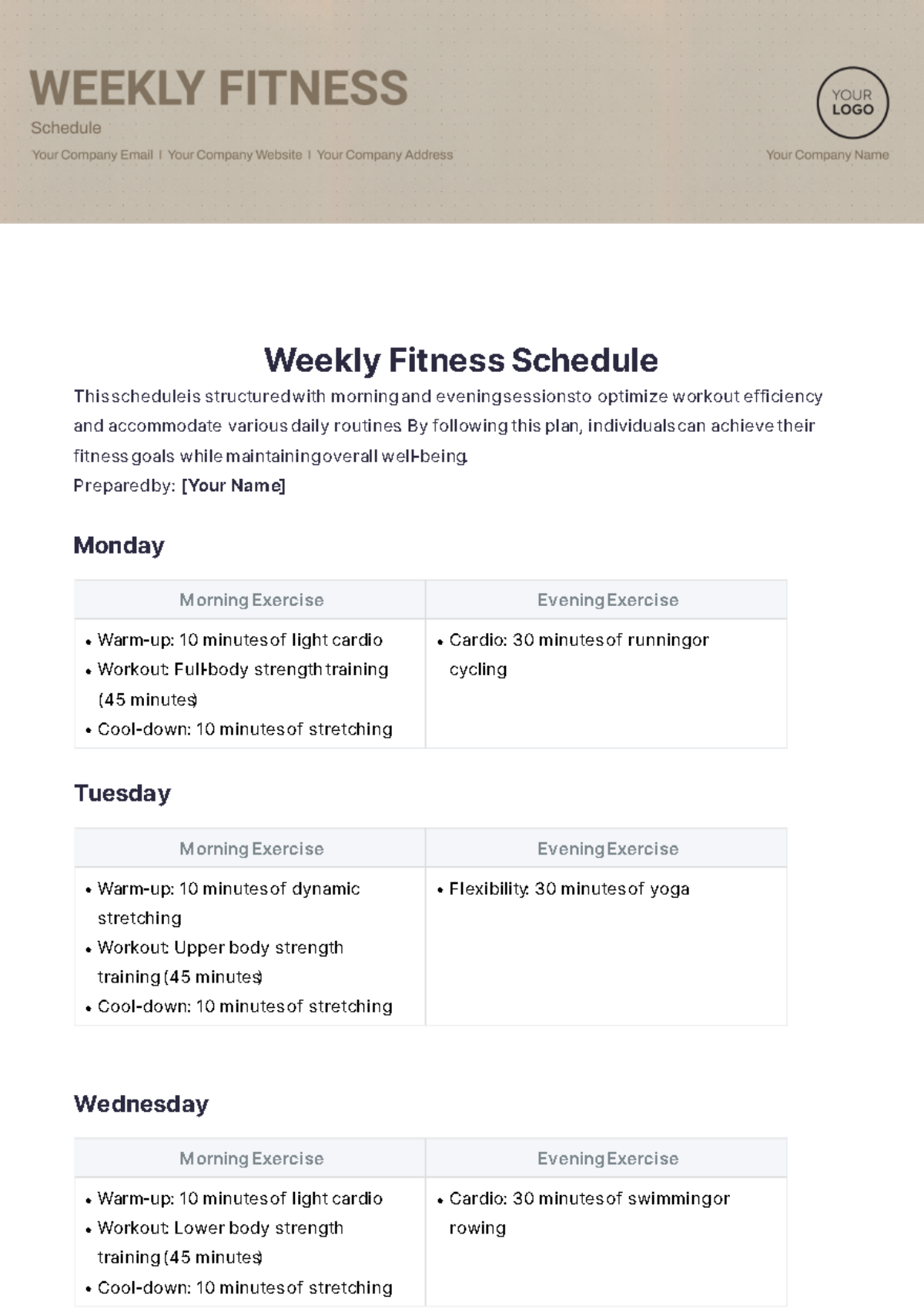Free Weekly Fitness Schedule Template To Edit Online