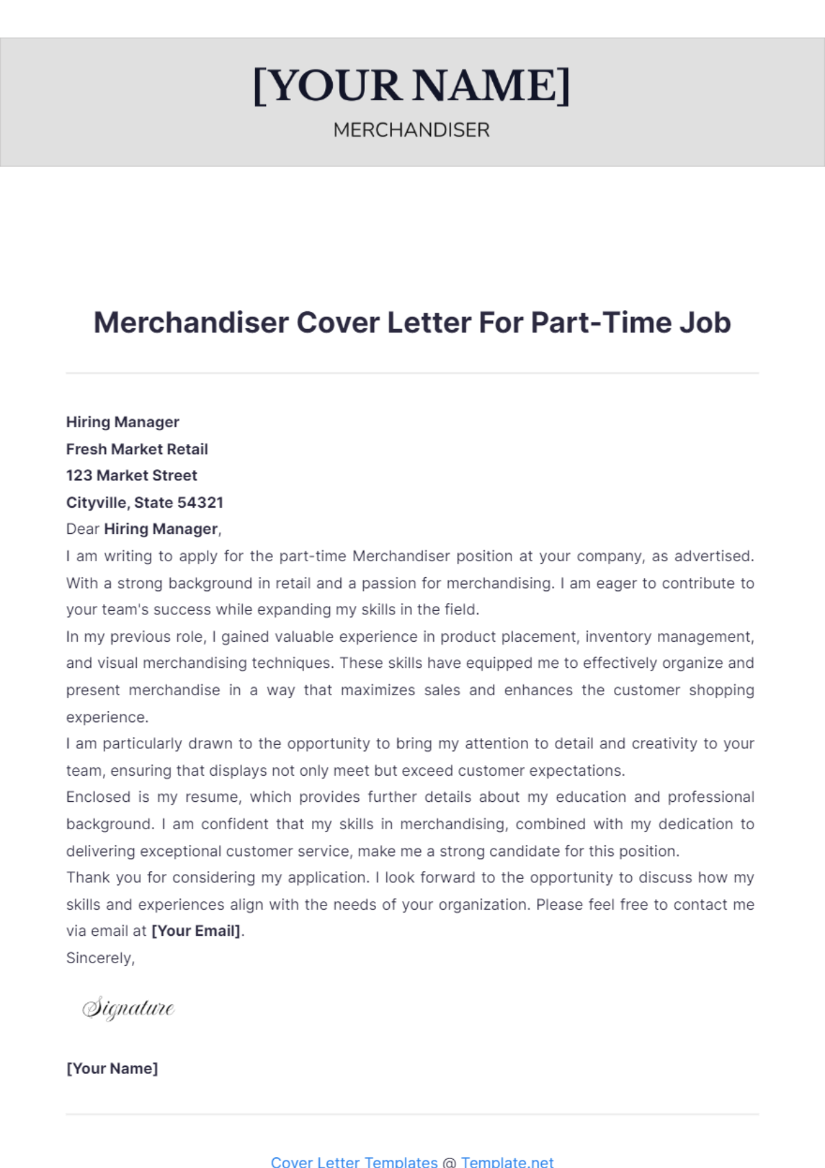 Merchandiser Cover Letter For Part Time Job