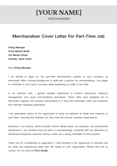 Free Merchandiser Cover Letter For Part Time Job to Edit Online