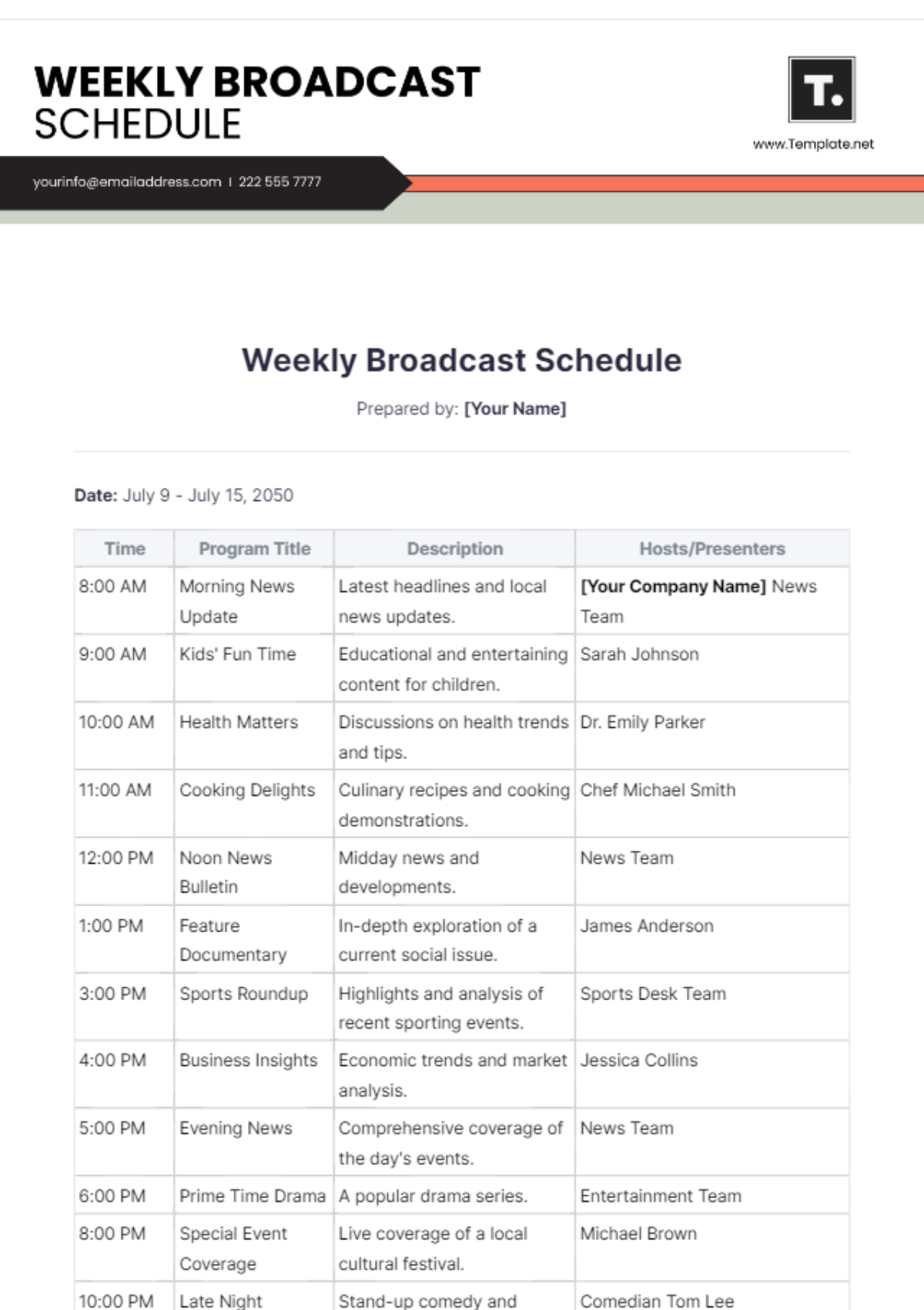 Weekly Broadcast Schedule Template - Edit Online & Download