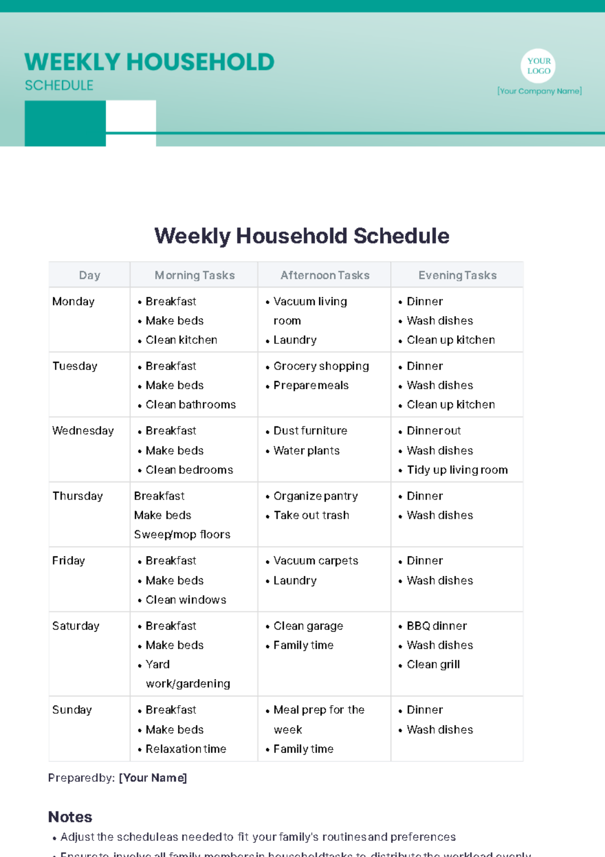 Weekly Household Schedule Template - Edit Online & Download